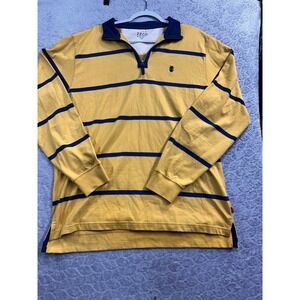 IZOD Men's Yellow Navy Stripe 1/4 Zip Long Sleeve Polo Shirt Rugby Style, Large